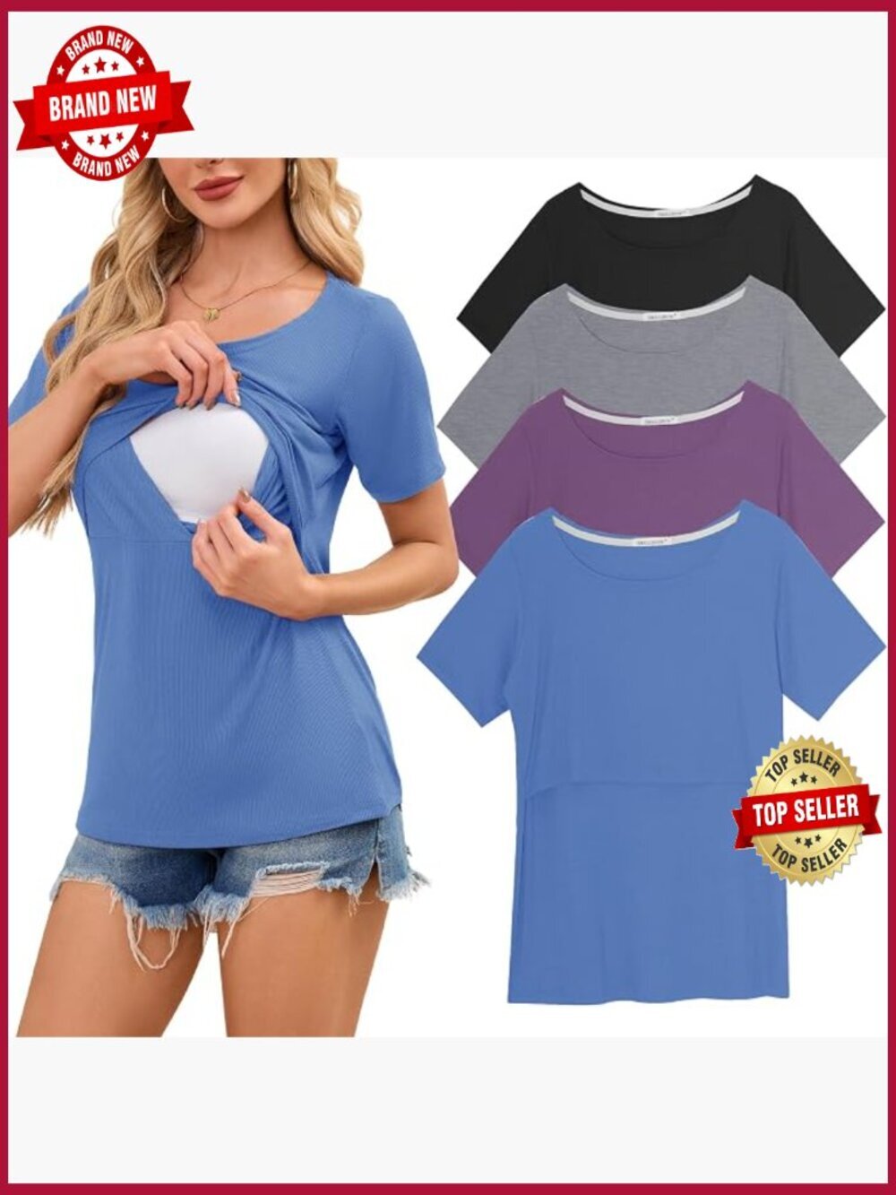Ribbed Short Sleeve Nursing Tops 4 Pack Breastfeeding Shirts